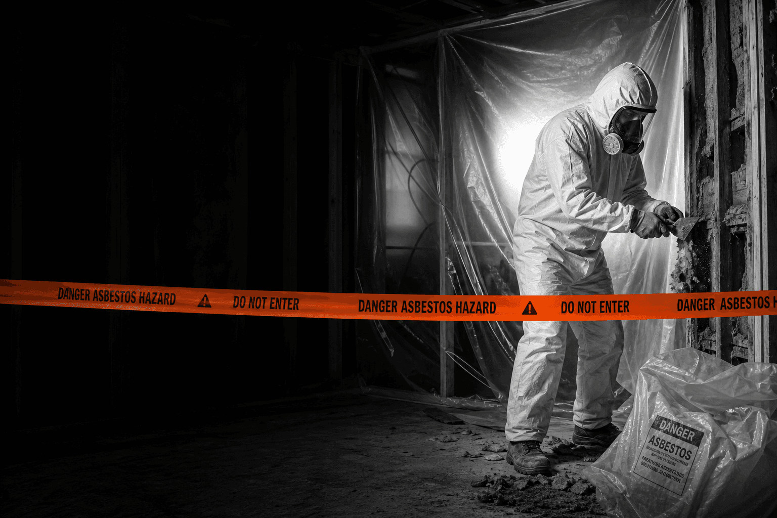Asbestos abatement technician in a hazmat suit and respirator removing material behind orange danger tape in a Surrey home